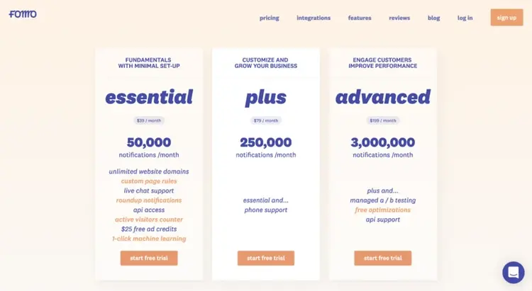 SaaS pricing models and strategies example: Fomo pricing page