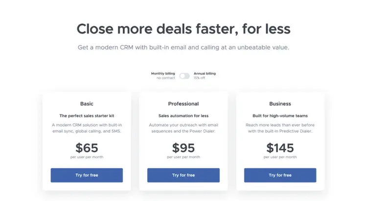 SaaS pricing models and strategies example: Close pricing page