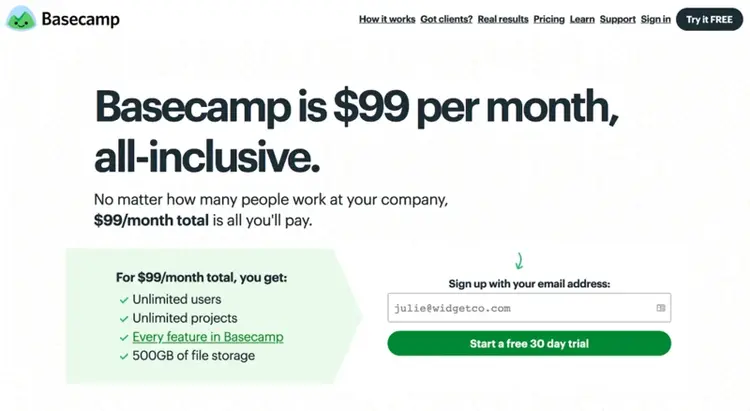SaaS pricing models and strategies example: Basecamp pricing page