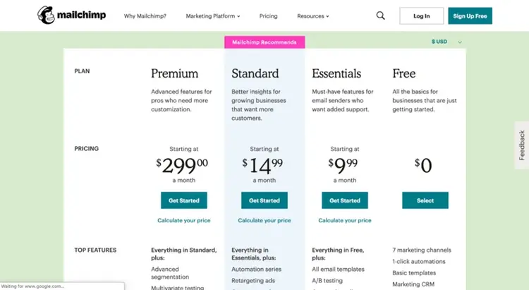 Activation model example: Mailchimp pricing page