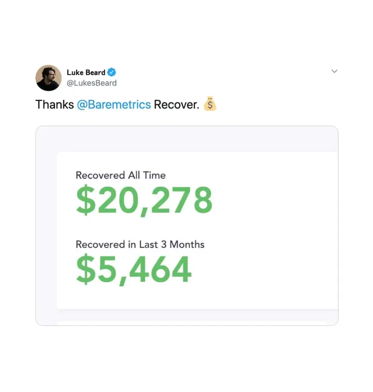 Tweet from Luke Beard thanking Baremetrics Recover, showing $20,278 recovered all time and $5,464 recovered in the last 3 months