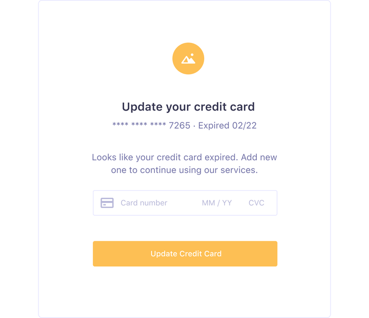 The hosted 'Update your credit card' capture form: masked card number, expiry notice, and a distraction-free update button
