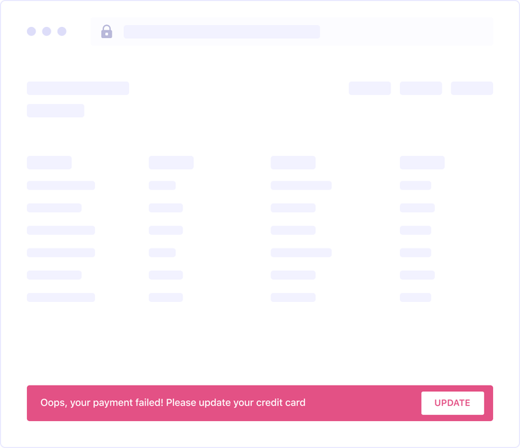 An in-app banner reading 'Oops, your payment failed! Please update your credit card' with an Update button