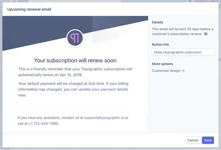 A generic payment-processor renewal email template — the limited notification Stripe sends by default