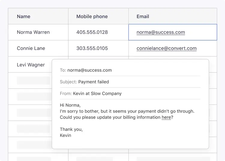 A spreadsheet of delinquent customers next to a hand-written 'Payment failed' email — manual chasing, one customer at a time